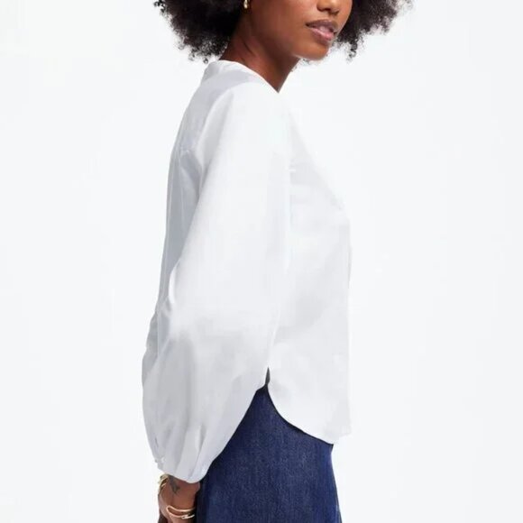 Madewell V-Neck Stretch Cotton Sateen Long Sleeve Top White Size L NWT - Picture 2 of 8